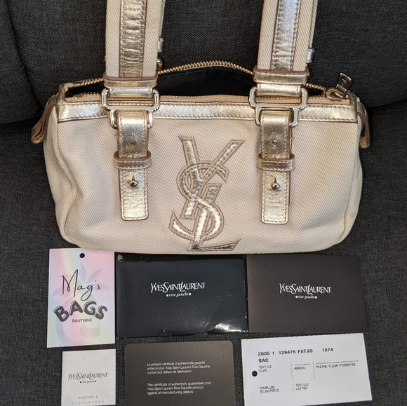 YSL: Metallic Mini Boston Kahala Canvas Leather Tote Shoulder Bag - Picture 3 of 16